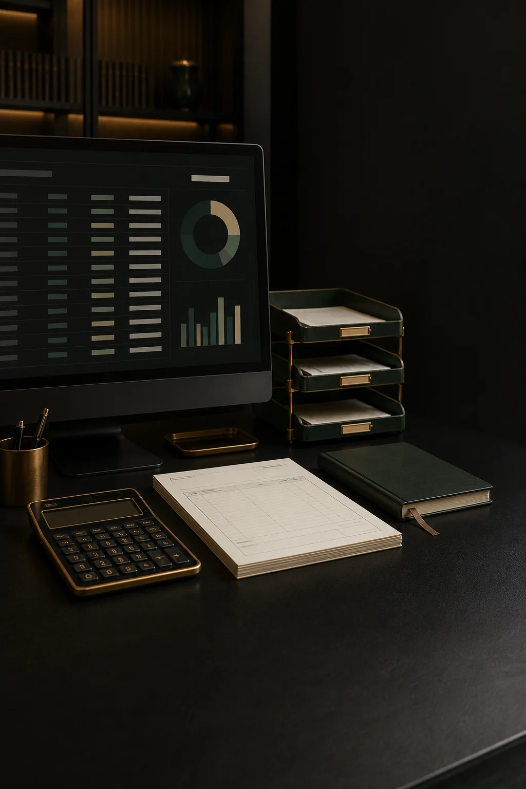 An accounting dashboard beside organized business documents
