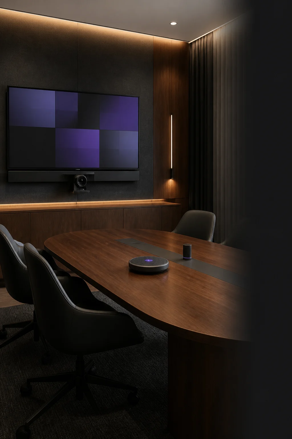 A premium video meeting setup with branded call controls