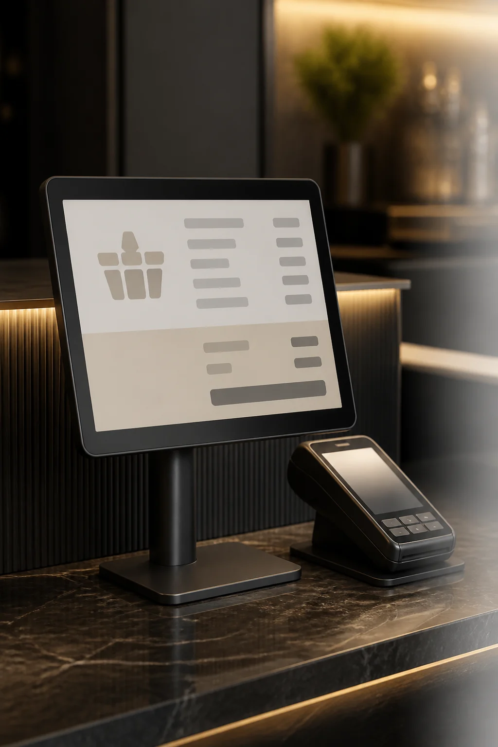 A customer display showing an order and payment flow