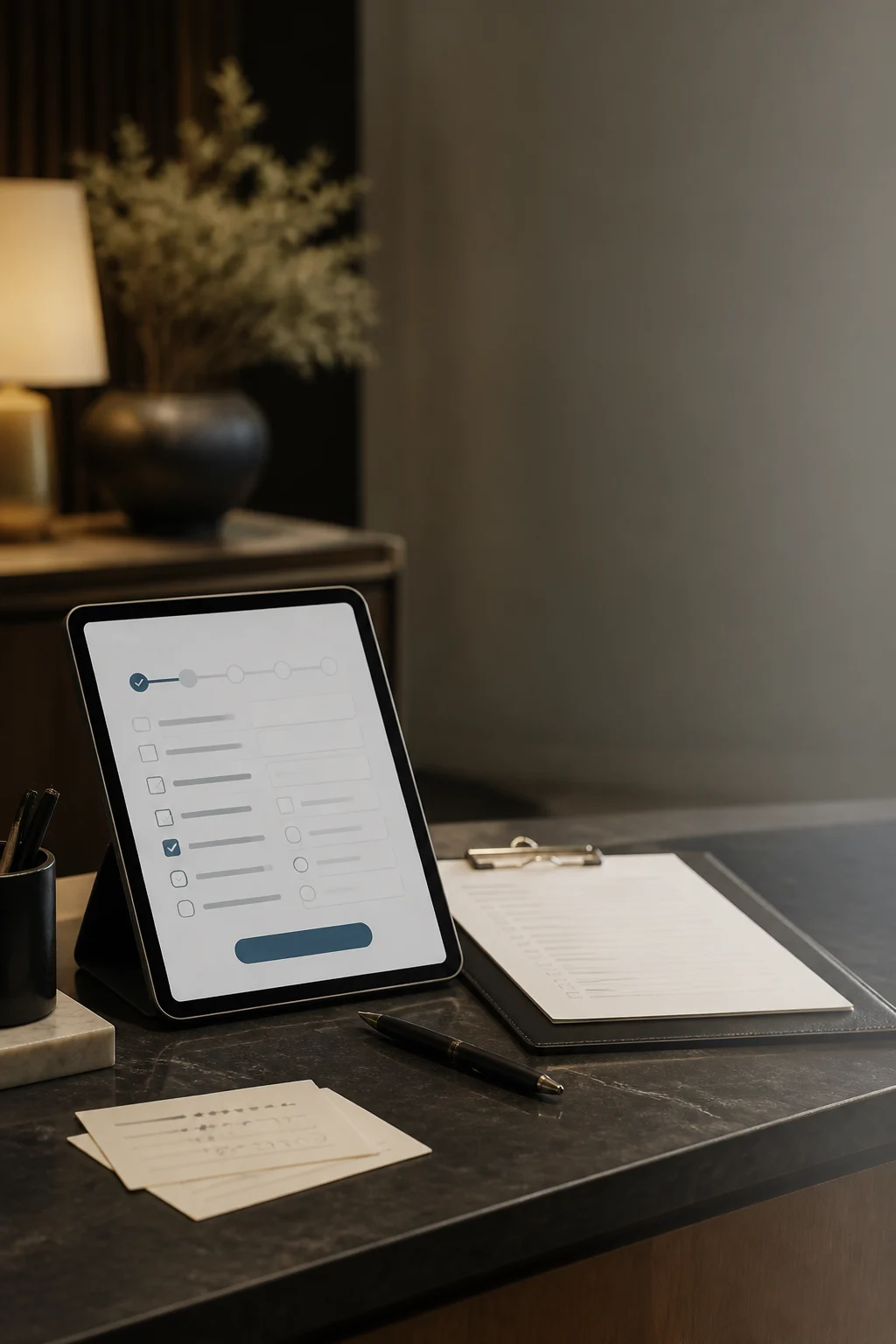 A tablet showing a structured digital business form