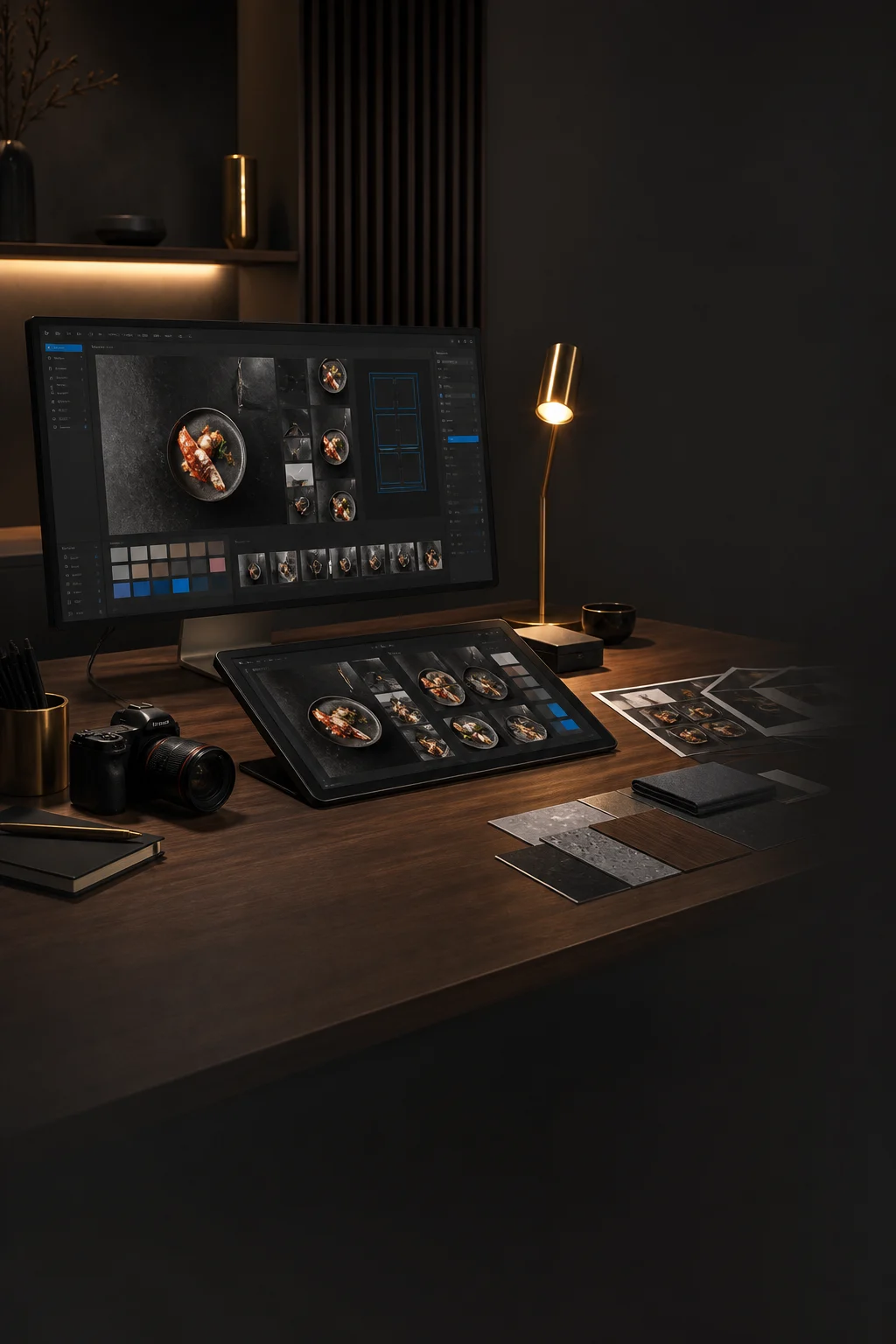 A creative studio workstation showing campaign image variations