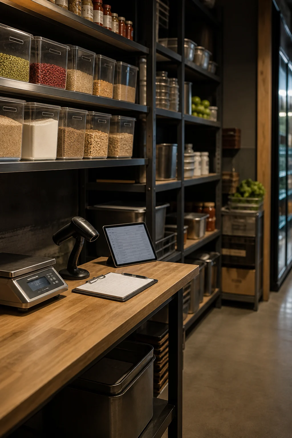 Organized restaurant inventory with a stock management display