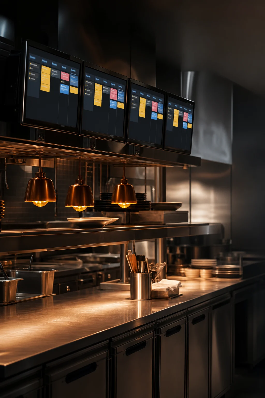 A kitchen display system organizing live restaurant tickets