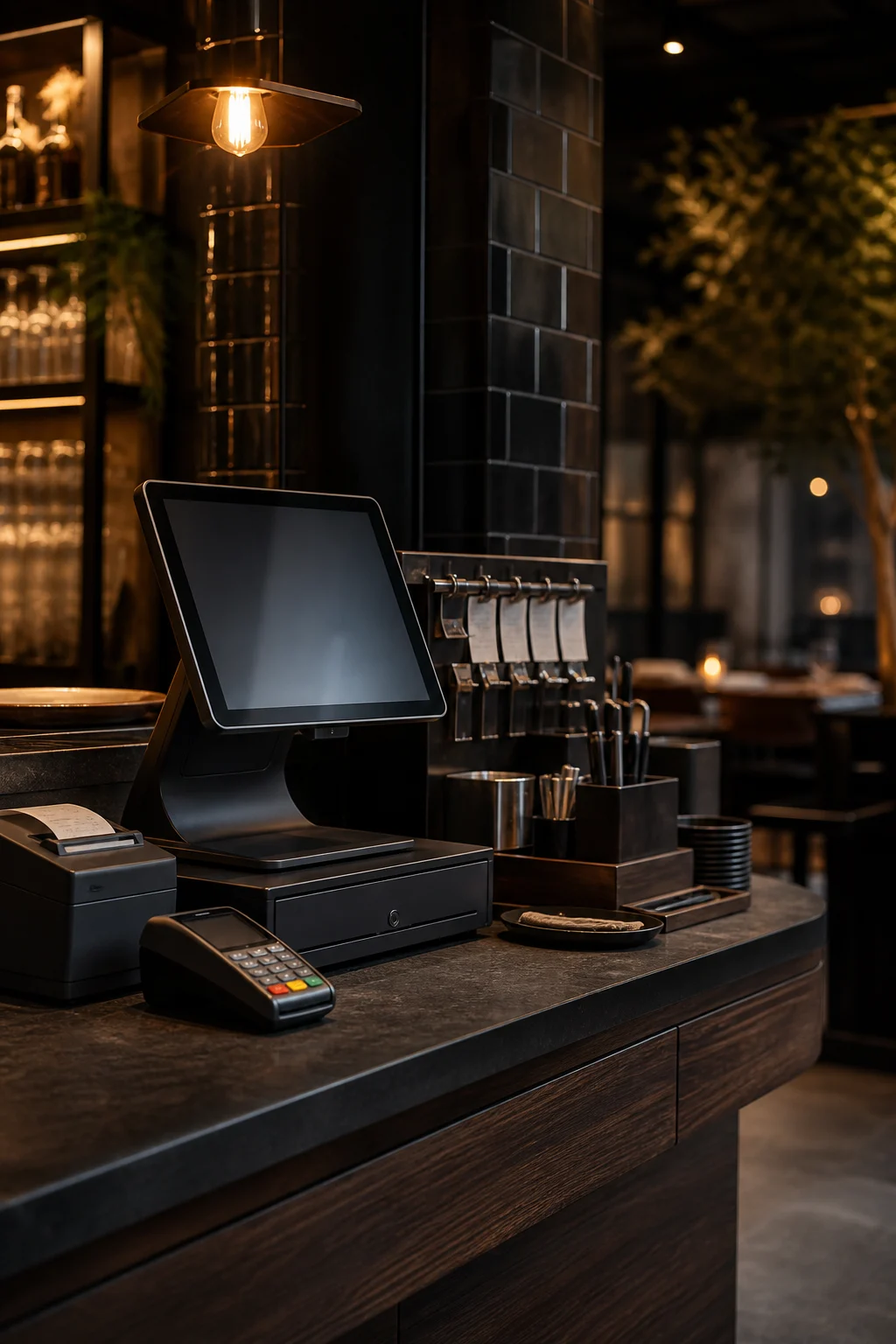 A Plato point-of-sale terminal in a warm restaurant setting
