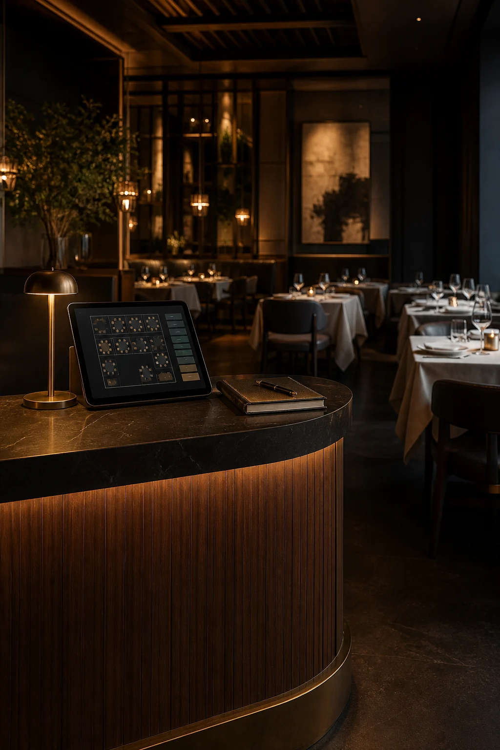 A prepared dining table with a reservations display